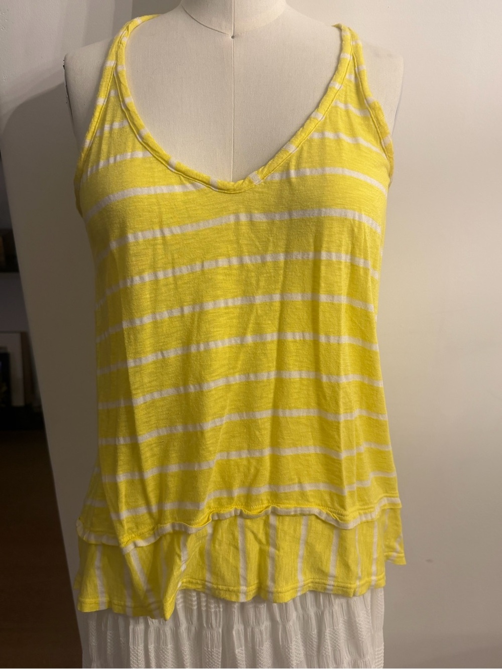 Splendid Yellow and White Striped V-Neck Ruffle-Hem Tank